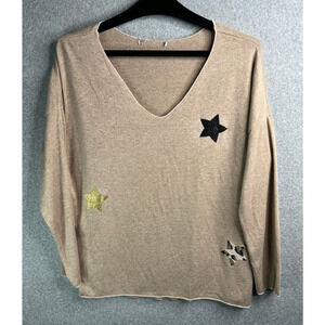 Tempo Paris Tan Women’s Star Appliqué V-Neck Sweater TG XL Italy